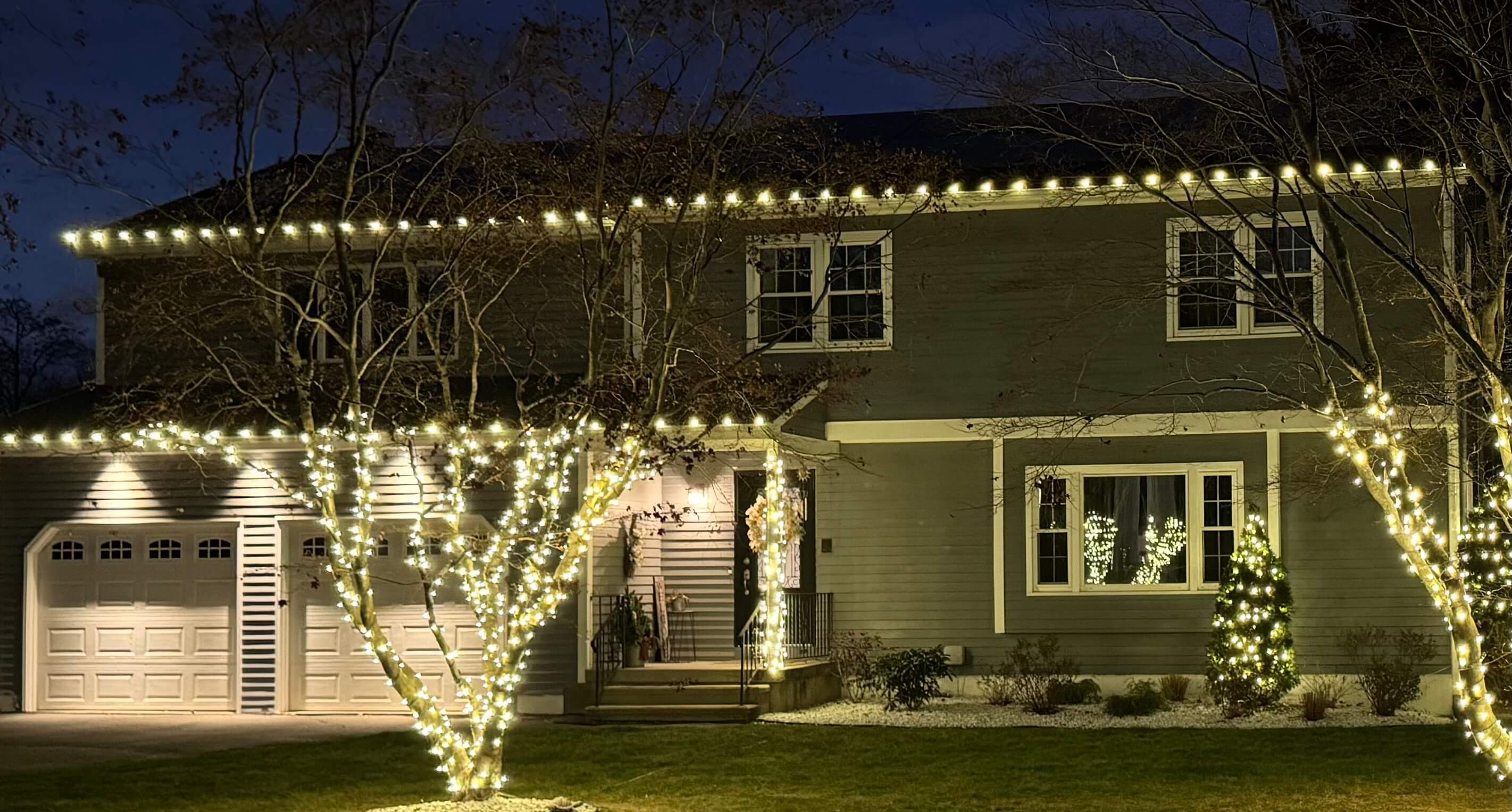 Holiday lighting project with blue lights - Branford, CT
