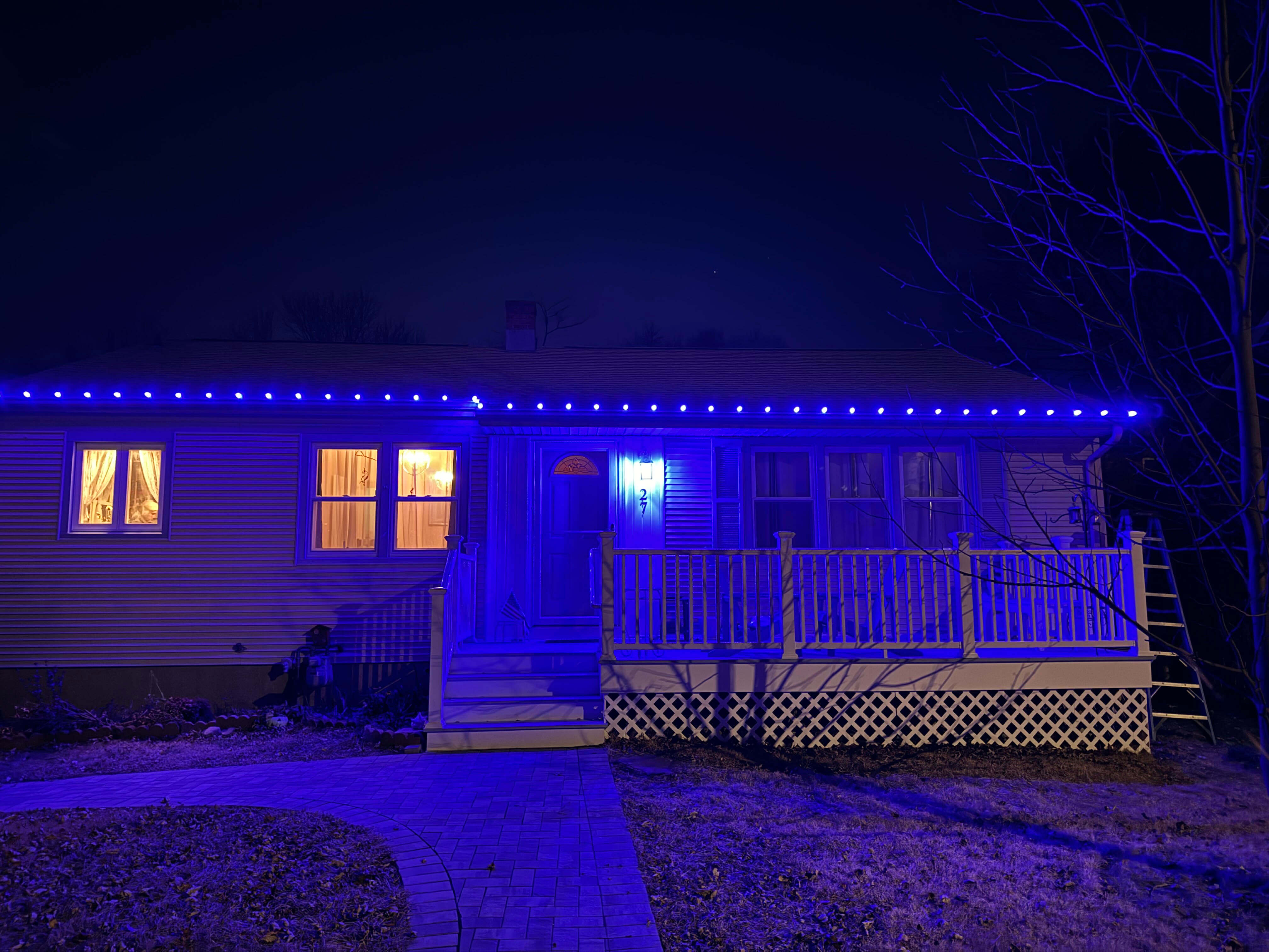 Holiday lighting project with blue lights - Milford, CT